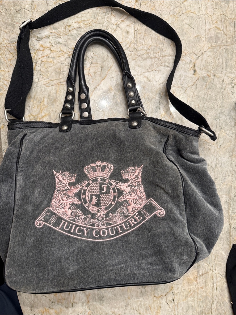 Juicy Couture Gray Velour Tote with Pink Embroidered Crest